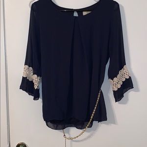 Navy blue long sleeve blouse with waist belt